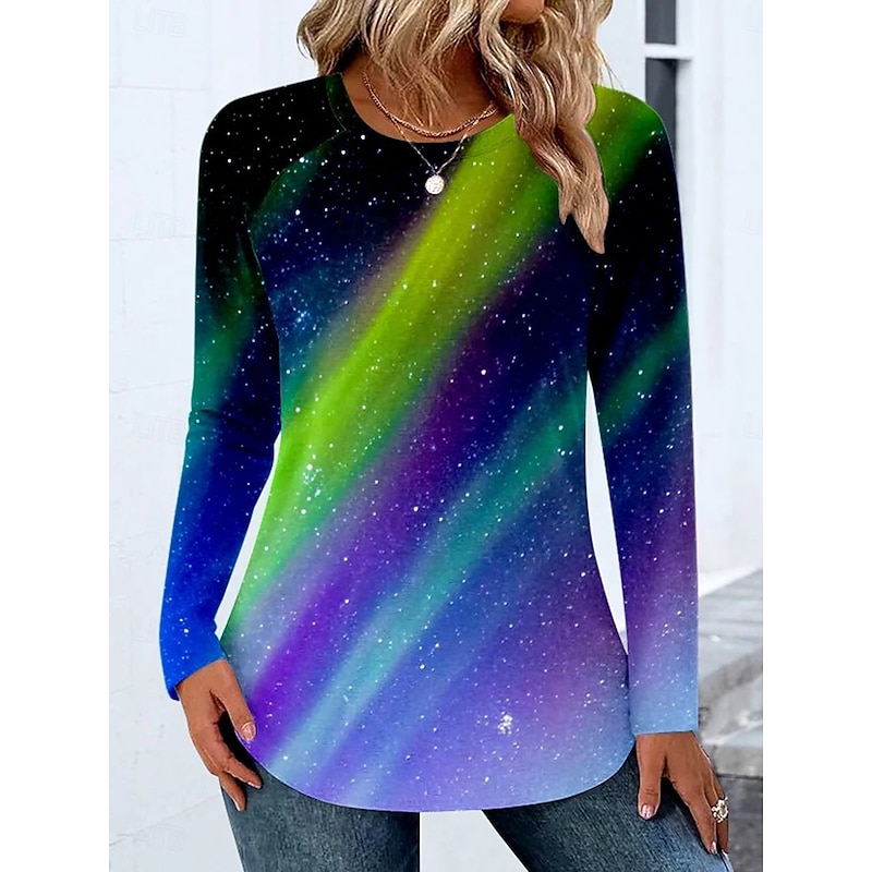 Women's T Shirt Ombre Graphic Vintage Stylish Classic Long Sleeve Crew Neck Round Neck Regular Tops Daily Weekend Print Purple Fuchsia Green Spring Fall Winter