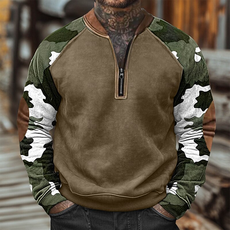 Men's Sweatshirt Quarter Zip Sweatshirt Army Green Navy Blue Blue Purple Half Zip Color Block Camo / Camouflage Half Zip Print Casual Daily Holiday Polyester Vintage Streetwear Casual Fall Winter2