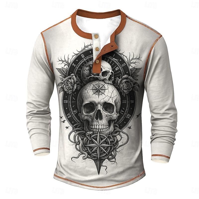 Men's Halloween Graphic Skull Cool Skulls Henley Shirt Tee Long Sleeve Vintage Fashion Designer Outdoor Casual Daily Fall Spring &  Fall Blue Green khaki Beige Henley Henley T-Shirt