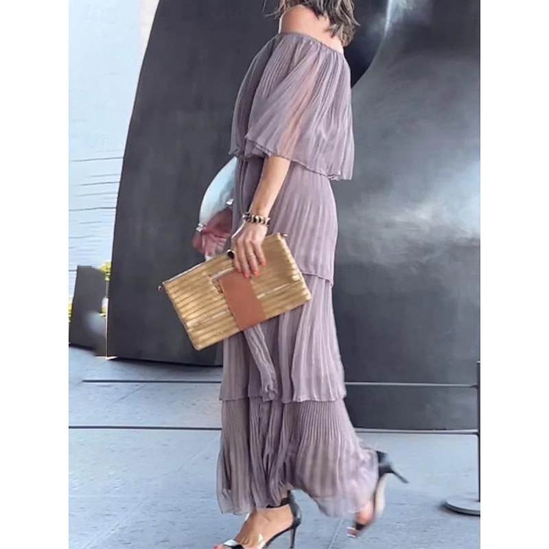 Women's Midi Dress Cocktail Dress Wedding Guest Dress Chiffon Elegant Fashion Modern Outdoor Vacation Regular Fit Plain Half Sleeve Off Shoulder Black White Gray Summer Spring4