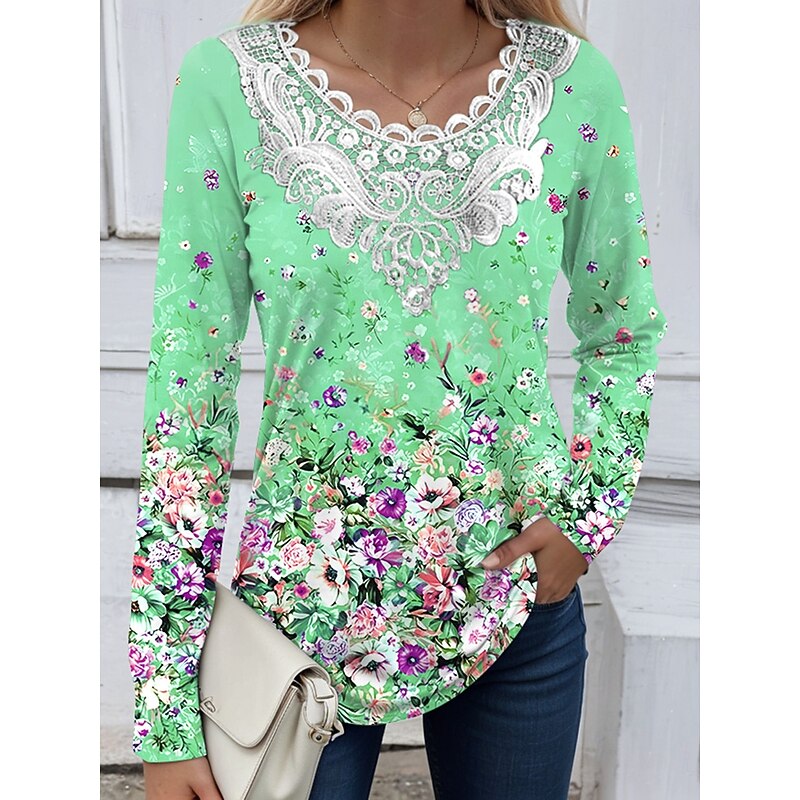 Women's Blouse Tunic Lace Splicing V Neck Long Sleeve T Floral Graphic Round Neck Regular Tops Daily Going out Weekend Lace Patchwork Print Yellow Pink Blue Green Spring Fall