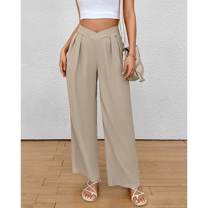 Women's Wide Leg Slacks Streetwear Casual Full Length Natural Plain Pocket Elastic Waist Comfortable Street Holiday Weekend Black Khaki Fall Regular Fit4