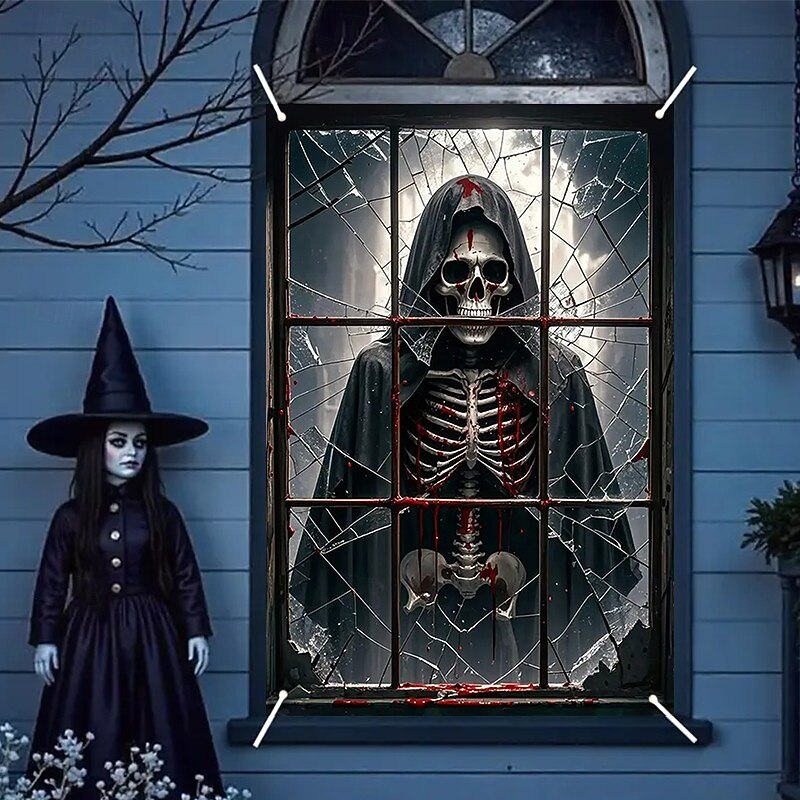 Halloween Window Curtain Skeleton in Bathtub Scene, Realistic Horror Door Cover, Window cover,  Wall Tapestry for 2025 Halloween Decoration3