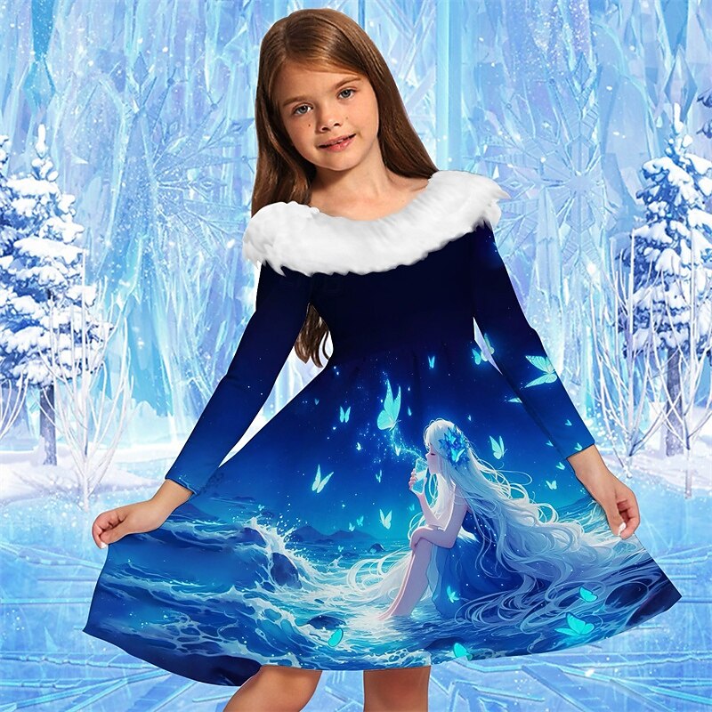 Girls' 3D Graphic Dress Long Sleeve Spring Fall Vacation Daily Holiday Beautiful Sweet Kids 4-12 Years Party Dress A Line Dress Knee-length Regular Fit