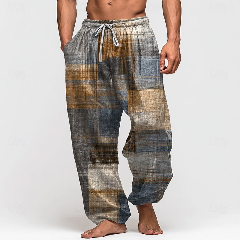 Men's Color Block Patchwork Trousers Baggy Pants Casual Pants Mid Waist Vintage Outdoor Vacation Elastic Drawstring Waist Linen-Like Pants with Pockets Summer Spring Fall 3D Print Red Blue Green