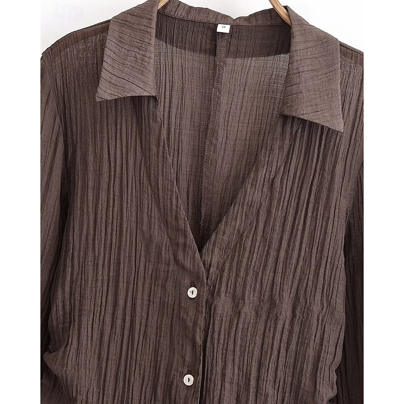 Women's Shirt Texture Blouse Summer Tops Plain Daily Stylish Basic Long Sleeve Shirt Collar Regular Tops Work Daily Holiday Buttons Brown Spring Fall3