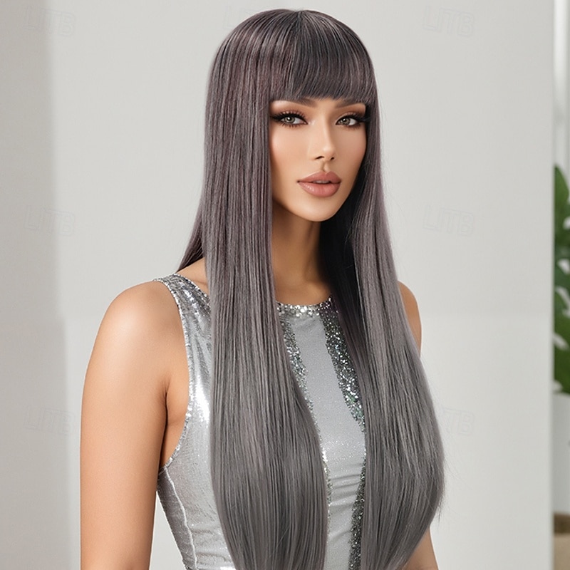 Silver-Gray Long Straight Wig for Women – High-Temperature Fiber, Highlighted, Full Bangs, Full Head Wig, Ideal for Cosplay, Halloween, and Everyday Wear
