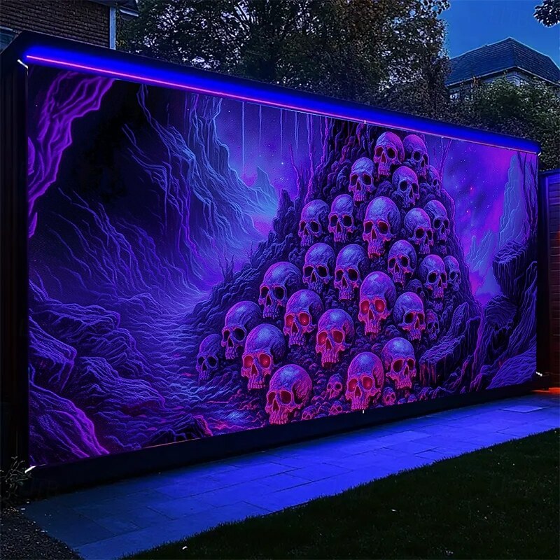 Halloween Garage Door Cover Neon Skull Pile Banner, Glowing Blacklight Backdrop Decoration for Holiday Outdoor Garage Door and Home Wall, 2025 Halloween Decorations2