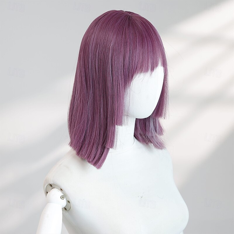 Women's 12″ Purple Straight Halloween Wig – Synthetic Hair with Bangs, Ideal for Spooky Cosplay & Everyday Fashion3