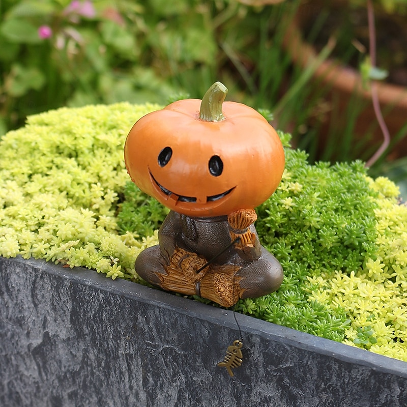 Halloween Resin Pumpkin Scarecrow Fishing Figurine, Miniature Landscape Outdoor Yard Planter Balcony Decoration, Spooky Halloween Garden Ornament2