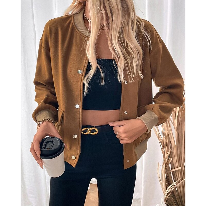 Women's Casual Jacket Varsity Jacket Comfortable Breathable Pocket Buttons Fashion Modern Casual Color Block Going out Weekend Single Breasted Regular Stand Collar Regular Fit Long Sleeve Outerwear2
