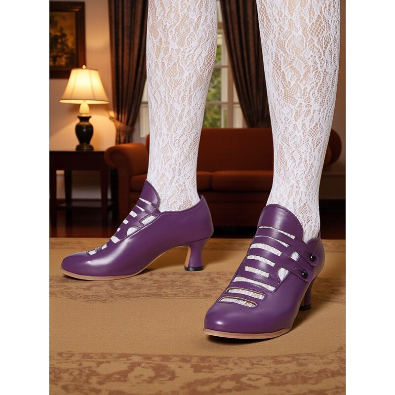 Women's Purple Edwardian Cage Strap Heels – Vintage 1900s-Inspired Faux Leather Kitten Heel Dress Shoes, Retro Costume Footwear for Historical Reenactment, Theater, and Gothic Lolita Style4