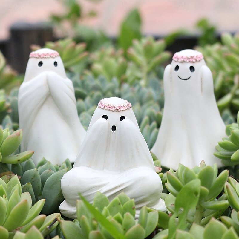 3pcs Halloween Resin Cute Ghost Decoration Figurines Set See No Evil, Hear No Evil, Speak No Evil Statues, Spooky Outdoor Yard, Lawn, Planter, and Desktop Home Decorations