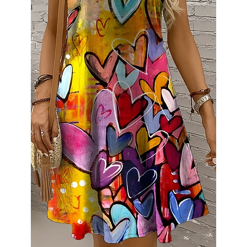 Women's Mini Dress Sundress A Line Dress Off The Shoulder Dress Vacation Casual Boho Holiday Beach Regular Fit Heart Graphic Sleeveless Crew Neck Yellow Red Blue Purple Summer Spring3