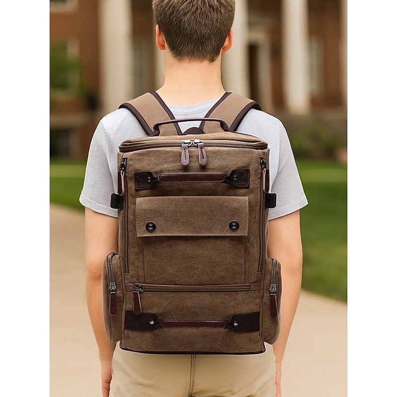Men's Brown Canvas Backpack with Multi-Pocket Design – Vintage Travel Laptop Bag Fits 15.6" Devices, Ideal for Work, School, Hiking and Weekend Getaways2