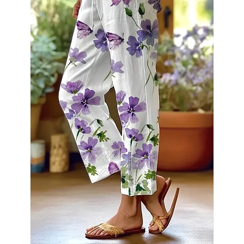 Women's Chinos Vacation Vintage Ethnic Style Full Length High Waist Floral Graphic Pocket Soft Outdoor Breathable Inelastic Outdoor Vacation Street Light Pink Light Purple Summer Spring Fall Regular3