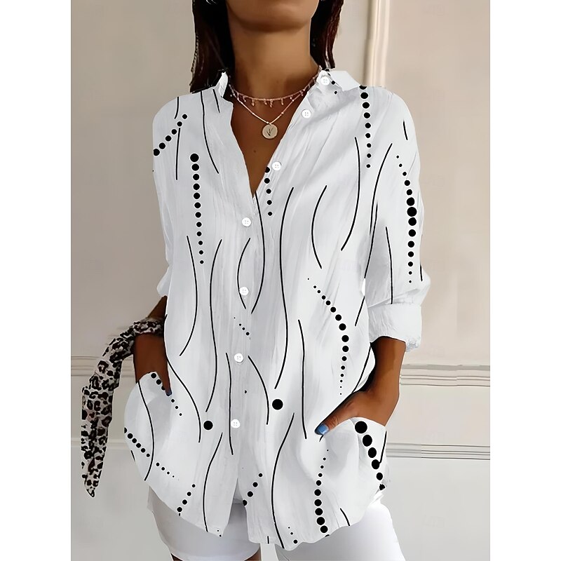 Women's Shirt Button Down Tunic Shirt Collar Long Sleeve Graphic Geometric Striped Vintage Tropical Daily Regular Tops Work Daily Holiday s Print White Yellow Red Blue Orange Spring2