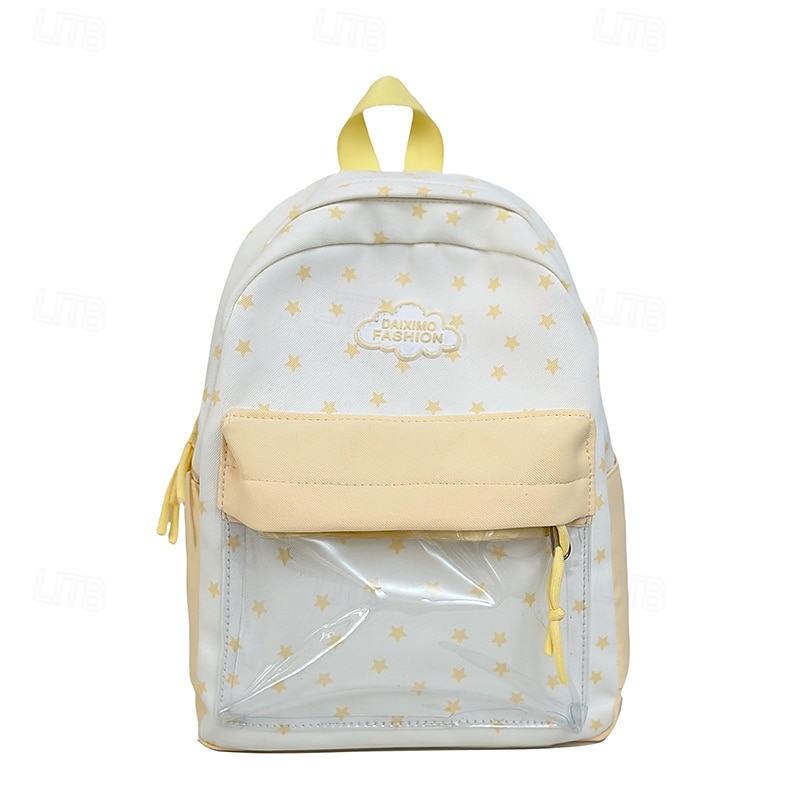 Girls' Cute Star Print Backpack with Clear Front Pocket – Kawaii Canvas School Bag for Teen Students & Back to School2