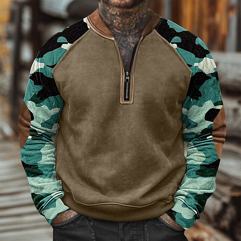 Men's Sweatshirt Quarter Zip Sweatshirt Red Navy Blue Blue Brown Green Half Zip Color Block Camo / Camouflage Half Zip Print Casual Daily Holiday Polyester Vintage Streetwear Casual Fall Winter2