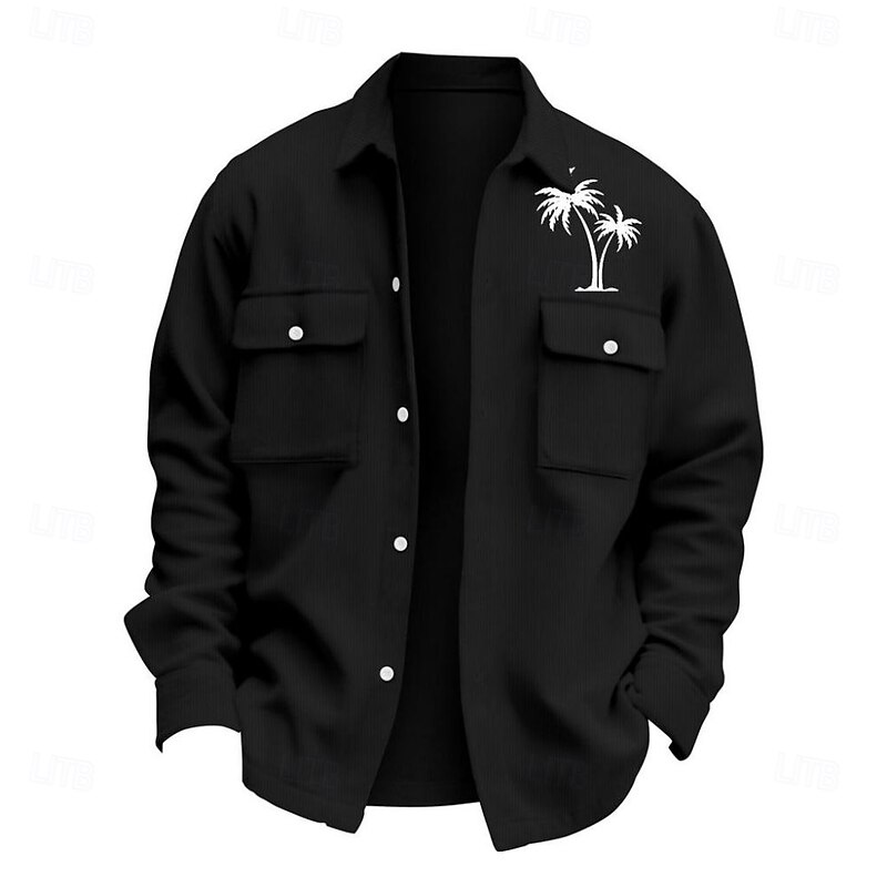 Men's Coconut Tree Corduroy Shirt Shacket Shirt Jacket Long Sleeve Casual Outdoor Dailywear Fall Winter Turndown Button-Down Warm Jacket with Flap Pockets Black White Green4