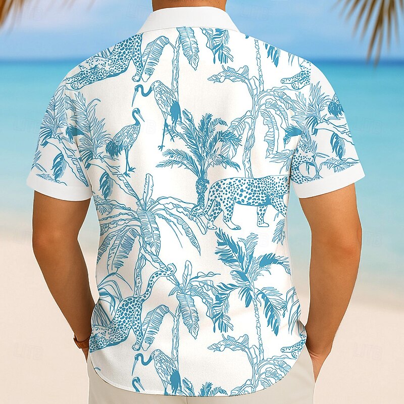 Men's Animal Flamingo Coconut Tree Summer Hawaiian Shirt Button Up Shirt Aloha Shirt Short Sleeve Hawaiian Holiday Beach Wear Summer Spring Turndown 3D Print Collared Shirts Front One Pocket Blue2