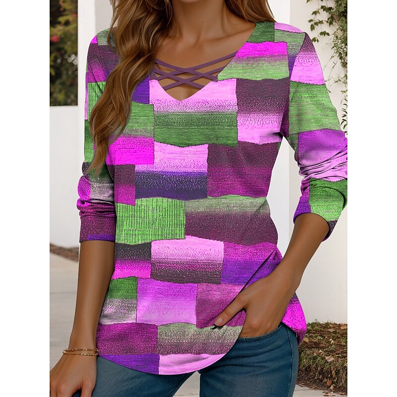 Women's T Shirt Graphic Geometric Vintage Stylish Modern Long Sleeve V Neck Regular Tops Daily Cut Out Print Blue Purple Green Spring Fall4
