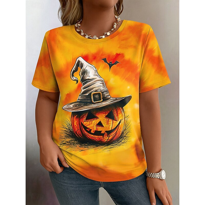 Halloween Women's Plus Size Tops T Shirt Graphic Print Short Sleeve Crew Neck Casual Daily Polyester Fall Yellow Pink3