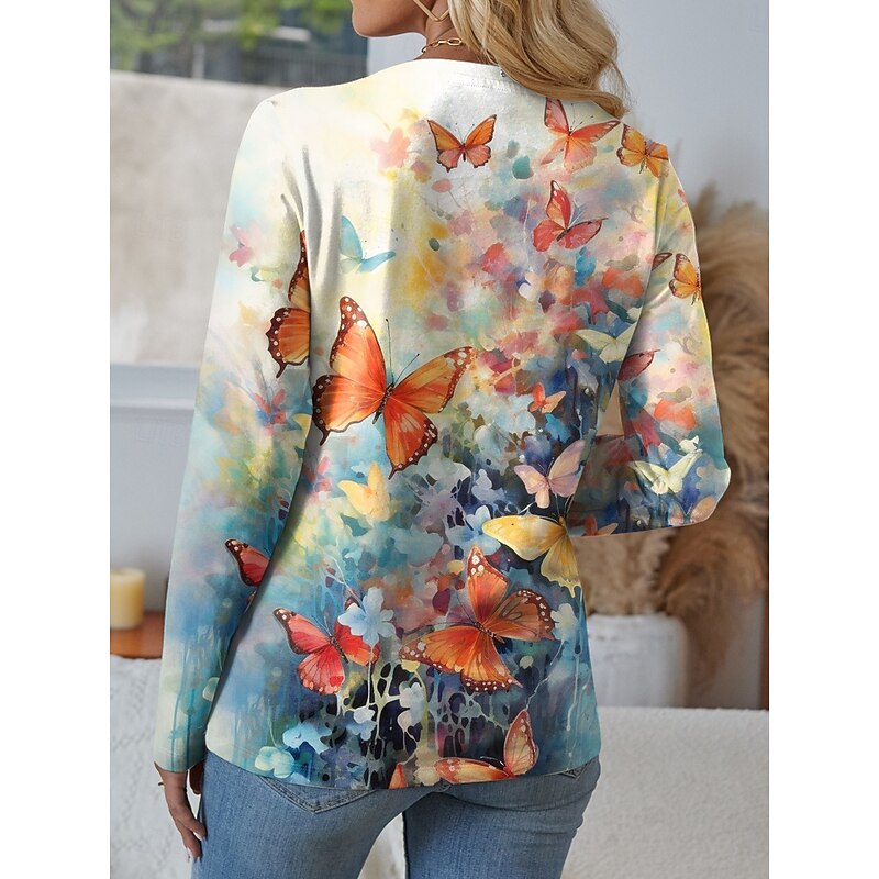 Women's T shirt Crew Neck Long Sleeve Tunic Graphic Butterfly Plants Vintage Stylish Casual  Regular Tops Daily Weekend Print Yellow Blue Purple Fall2