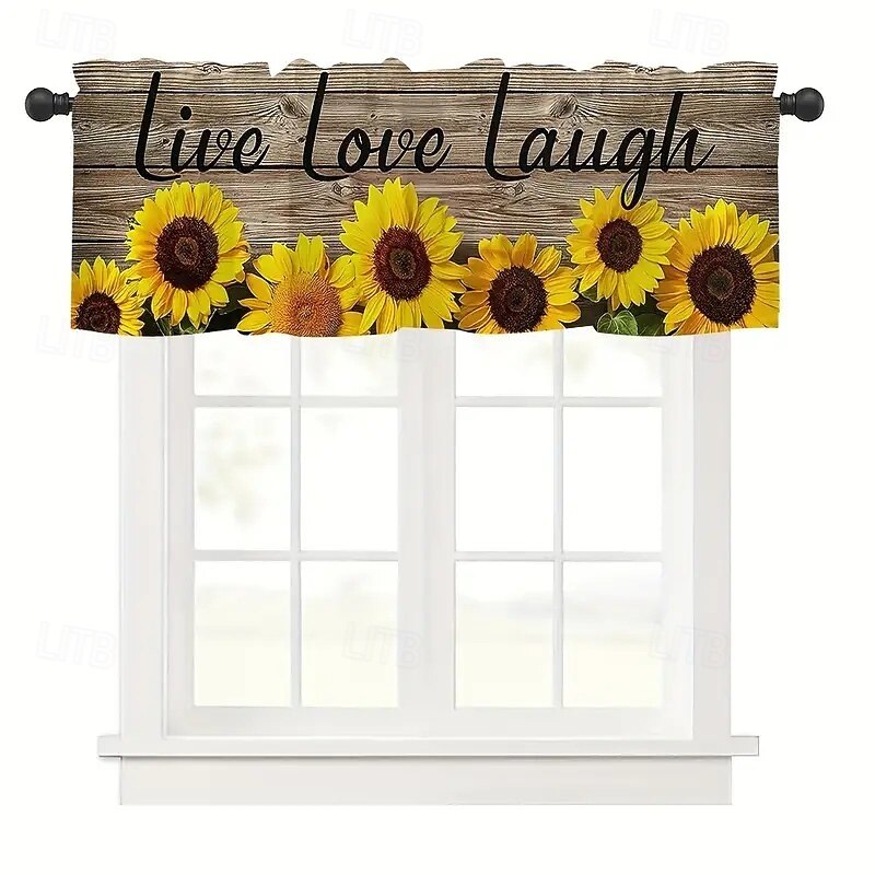 1pc Wood Grain Sunflower Print Kitchen Short Curtain 100. Flannel Fabric Pole Pocket Curtains Suitable For Bedrooms Offices Kitchens Living Rooms And Study Rooms - Semi Blackout 3d Printed Windows4