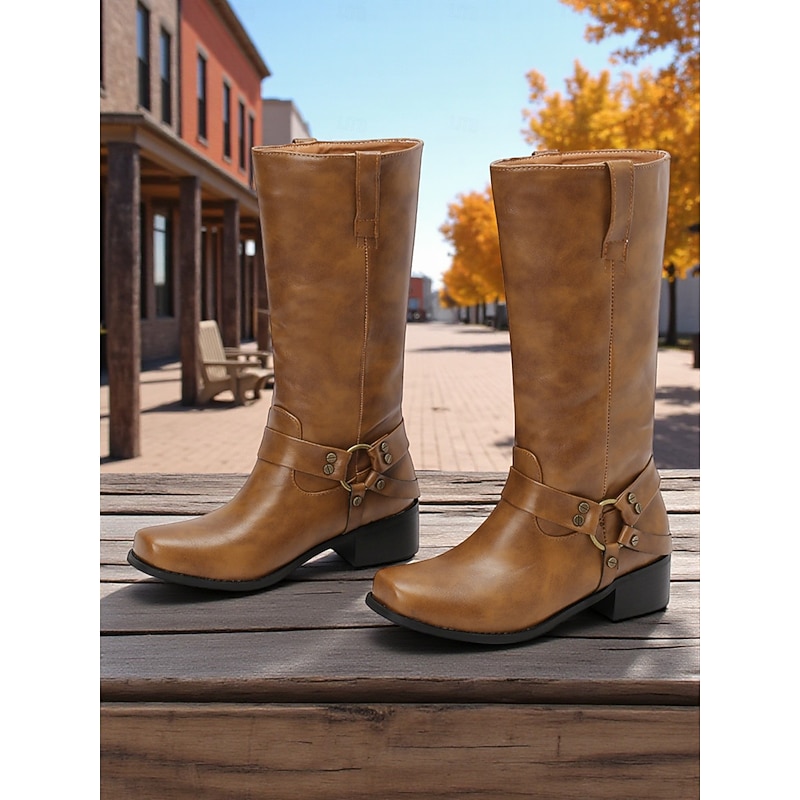 Women's Brown Western Harness Riding Boots - Faux Leather Square Toe Mid-Calf Boots with Buckle Strap, Casual Cowboy Style for Fall Streetwear and Outdoor Wear4