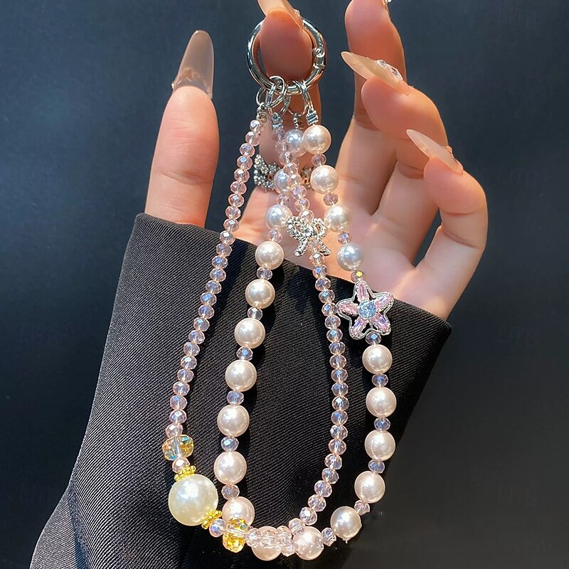 New Fashionable Diamond Star Bow Phone Chain Crystal Double Chain Pearl Pendant Creative Chain Luxury Phone Chain2