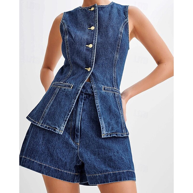 Women's Active Fashion Blouse Shorts Sets Sleeveless Crew Neck Solid Color Split Thigh Vacation Casual Daily Blue Summer Regular Fit2