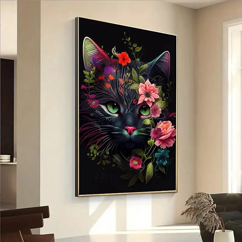 1 Vibrant Floral Cat Canvas Art Print Frameless Modern Wall Decoration Suitable For Living Rooms Bedrooms And Home Offices - Colorful Feline And Floral Designs Indoor Canvas Posters Cat Decoratio