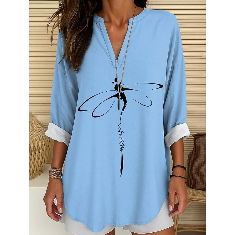 Women's Blouse Tunic V Neck Long Sleeve Boho Casual Tops Graphic Animal Dragonfly Vintage Tropical Regular Tops Daily Wear Print White Blue Purple Green3