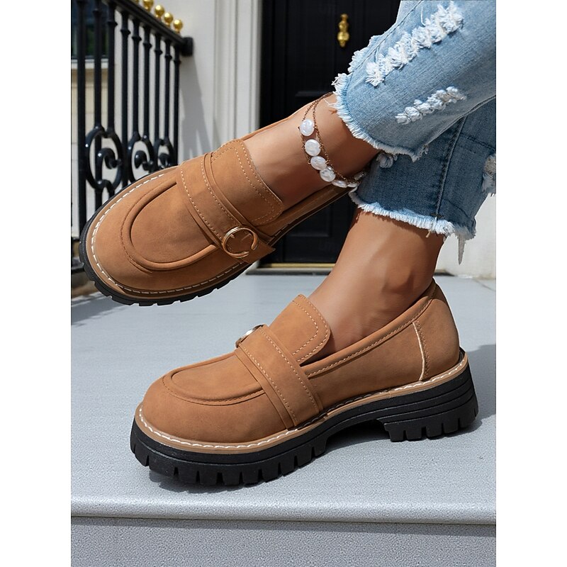 Women's Beige Suede Lug Sole Loafers – Casual Slip-On Platform Shoes with Gold Buckle for Work, Travel, and Weekend Outfits2