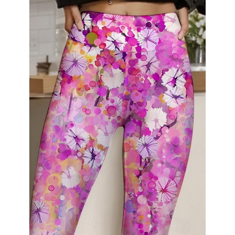 Women's Pants Trousers Leggings Cozy Leggings Streetwear Casual Full Length High Waist Floral Elastic Waist Print Breathability Comfortable Stretchy Vacation Street Daily Wear Yellow Purple Summer2