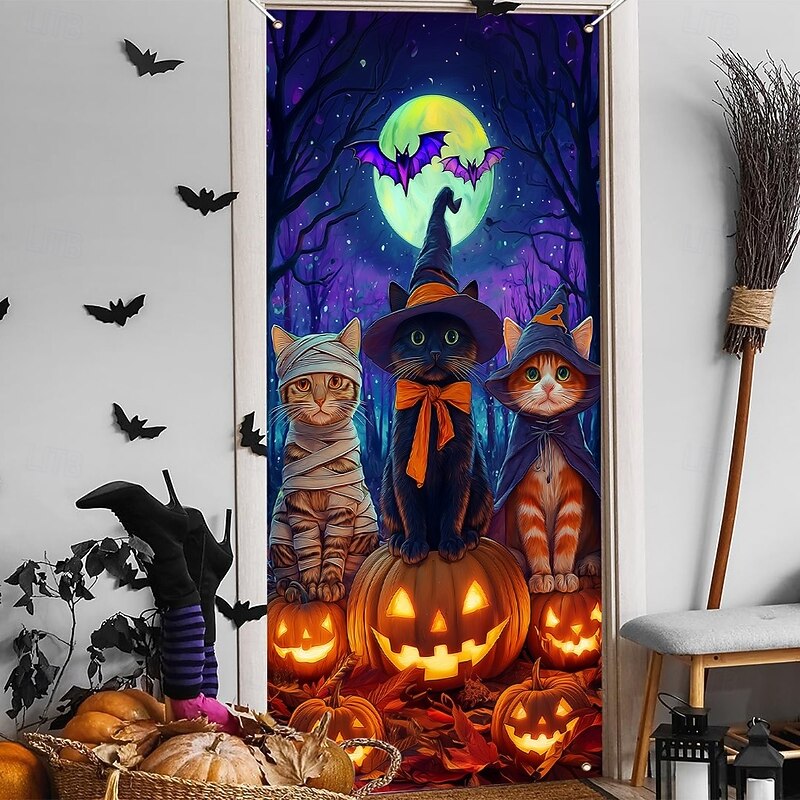 Halloween Door Cover Neon Scarecrow with Pumpkins Banner, Glowing Blacklight Entrance Decoration for Outdoor & Indoor 2025 Halloween Bedroom, Living Room, Bathroom2