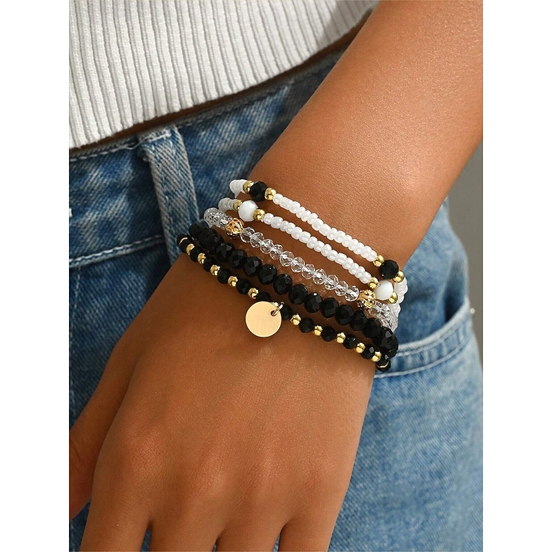 Women's 5-Piece Beaded Bracelet Set with Gold Accents and Charm Pendant, Boho Stackable Jewelry for Summer, Beach and Casual Outfits