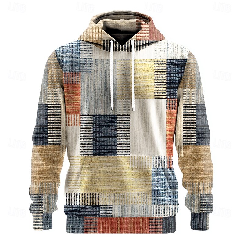 Men's Geometric Plaid Hoodies Sweatshirt Ethnic Cowboy Long Sleeve Crew Neck Holiday Streetwear Red Blue Drawstring Fall Winter Designer