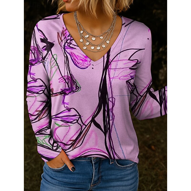 Women's T shirt Long Sleeve V Neck Long Sleeve Tunic Graphic Abstract Vintage Stylish Classic Regular Tops Daily Print Blue Purple Green Khaki Spring Fall Prefall3