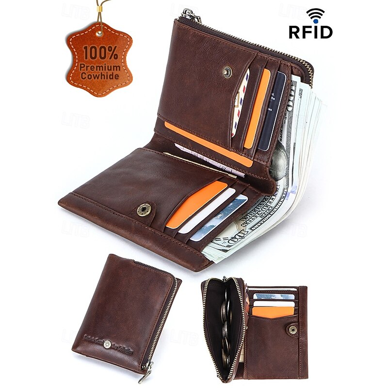 Men's RFID Blocking Cowhide Leather Bifold Wallet with Zipper Coin Pocket – Vintage Slim Card Holder for Daily and Business Use3