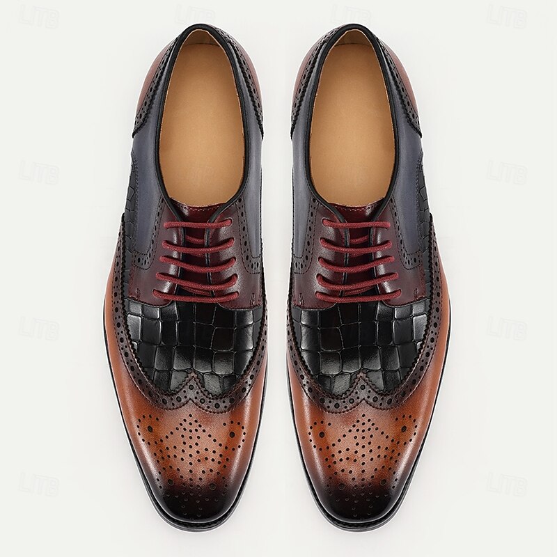 Men’s Wingtip Brogue Genuine Leather Dress Shoes – Dual-tone Crocodile Embossed Lace-up Style for Banquets, Vintage Fashion and Evening Parties4