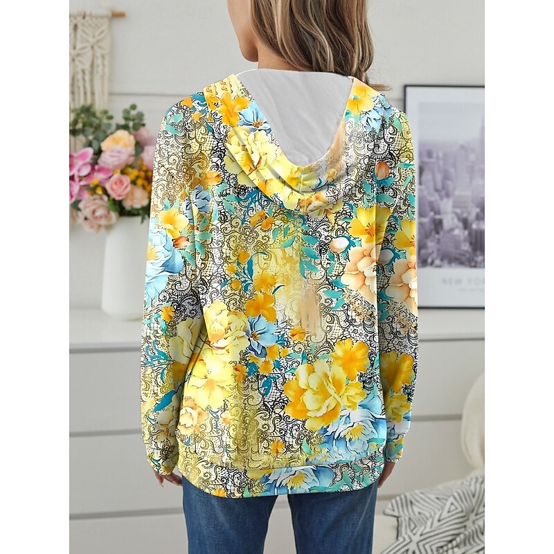 Women's Hooded Sweatshirt Jacket Long Sleeve Zip Up Hoodie With Pocket Lightweight Casual Micro-elastic Floral Graphic Fashion Street Dailywear Pocket Print Yellow Pink Blue Orange Spring Fall2