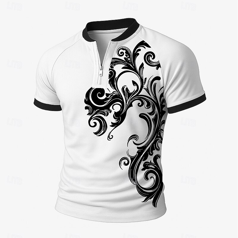 Men's Floral Zip Polo Short Sleeve Stand Collar Business Modern Leisure Sports & Outdoor Athleisure Casual Daily Zipper 3D Print Summer Violet Robin's Egg Blue Black