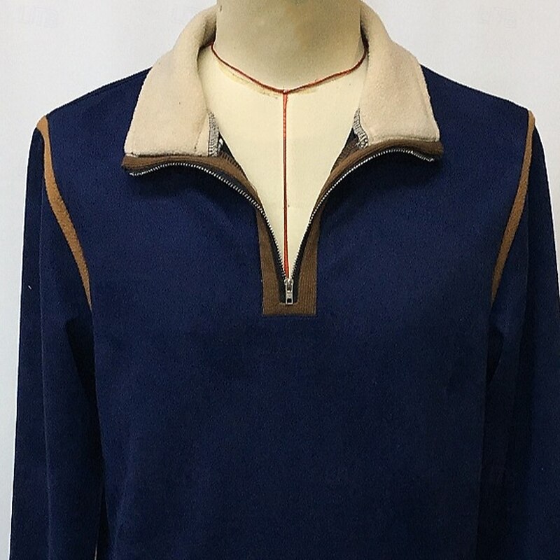 Men's Sweatshirt Fleece Sweatshirt Quarter Zip Sweatshirt Navy Blue Standing Collar Lapel Color Block Patchwork Sports & Outdoor Daily Streetwear Vintage Casual Spring Fall Clothing Apparel Hoodies3