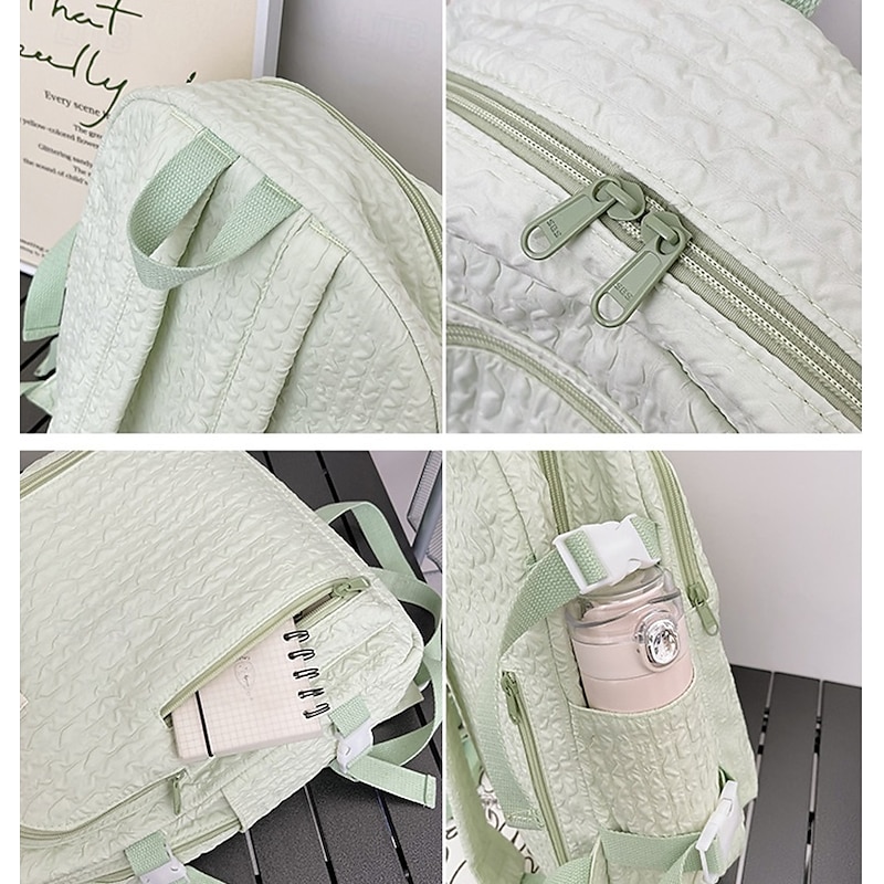 Women's Light Green Textured School Backpack with Cute Teddy Bear Keychain, Large Capacity Lightweight Bookbag for Teen Girls, College, and Casual Daily Use4