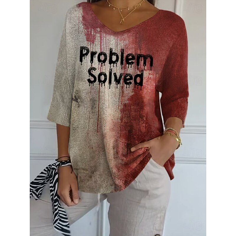 Halloween Women's Bloody Problem Solved Graphic 3/4 Length Sleeve V Neck Regular Tops Daily Club Uniforms Cute Outfits Red Summer Spring Fall2