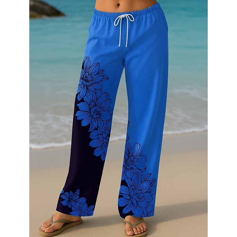 Women's Culottes Wide Leg Vacation Vintage Ethnic Style Long High Waist Floral Graphic Quick Dry Breathability Soft Inelastic Formal Outdoor Vacation Lake blue Yellow Blue Green Summer Spring2