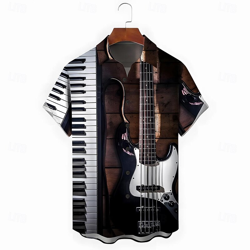 Men's Boardmasters Guitar Piano Shirt Summer Shirt Button Up Shirt Short Sleeve Vintage Retro Outdoor Vacation Dailywear Summer Spring Turndown 3D Print Collared Shirts Front One Pocket Black Brown