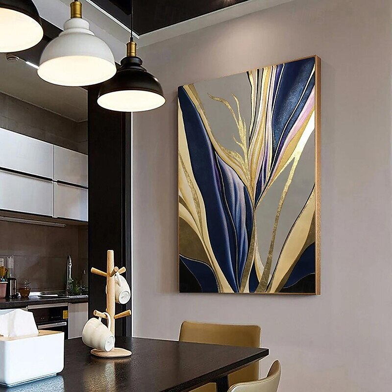 Handmade Oil Painting Canvas Wall Art Decoration Abstract  Modern Gold-Edged Blue Feather for Home Decor Rolled Frameless Unstretched Painting4